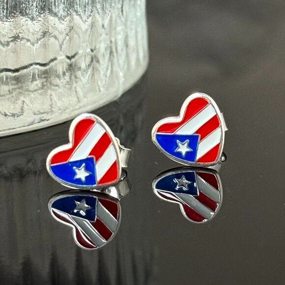 Puerto Rico Flag Heart Earrings S925 Sterling Silver Stud Earrings Handmade - Picture 3 of 6